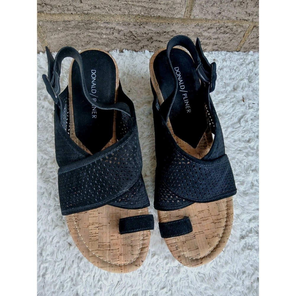 Donald J Pliner Black Seude Upper Slingback Sandals Cork Wedge Heel Sz 8.5
